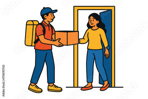 Delivery person hands package to happy woman at her doorstep illustration