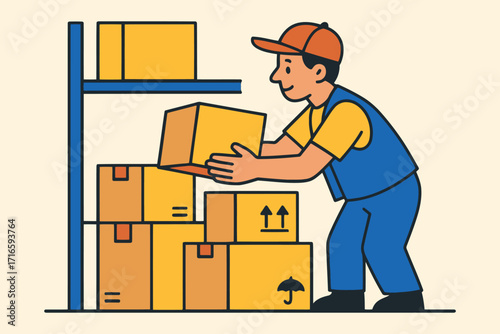 Warehouse worker carefully places a box onto a stack of packages