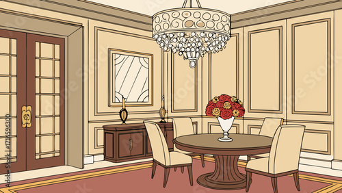 Luxurious Dining Room with Crystal Chandelier, Floral Centerpiece and Wooden Furniture Vector Illustration