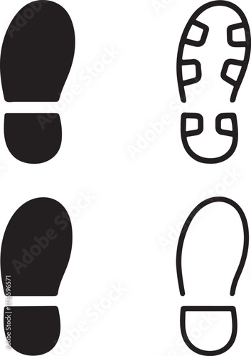 Shoe footprint icons, footprint icons, solid shoe print, line footprint, filled footprint design, thin stroke footprint minimal, black vector isolated symbol