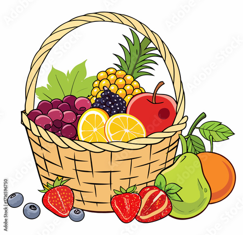 Fresh Fruit Basket with Tropical and Seasonal Fruits - Vector Illustration 