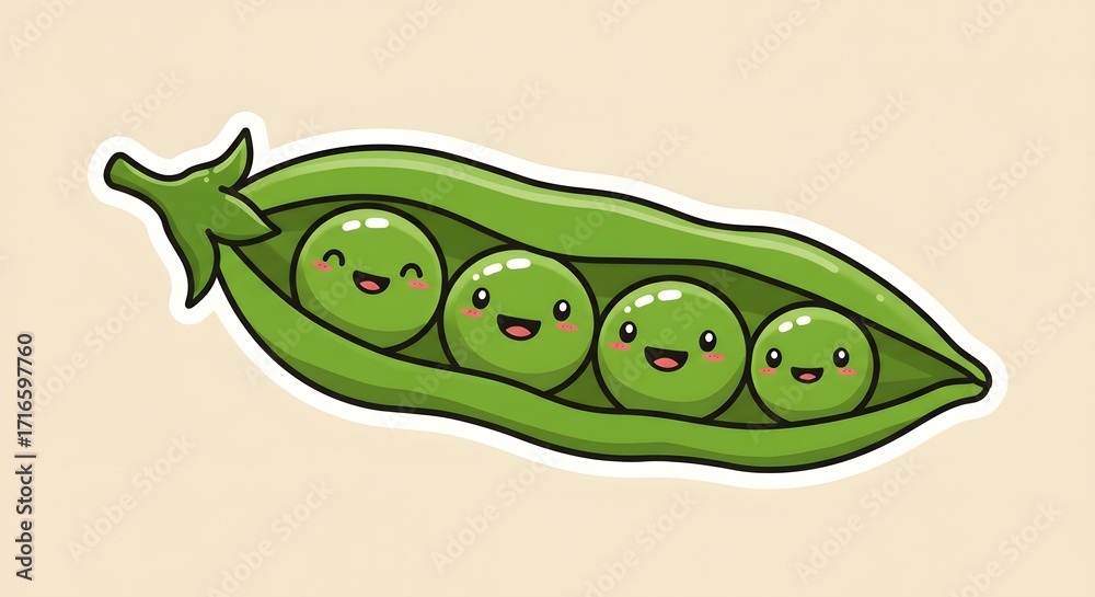 Naklejka premium Cartoon green pea pod with smiling peas inside, sticker