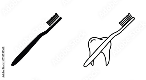 Simple black and white illustration of toothbrushes and a single tooth