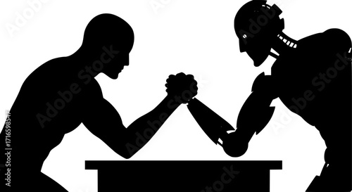 Man Versus Machine: A stark black and white depiction of a human engaging in an arm wrestling contest against a robotic opponent, symbolizing the challenges and conflicts of technology