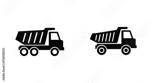 Simple black and white illustrations of two dump trucks with wheels