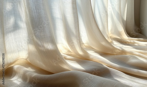 Light beige sheer curtains billowing in sunlight