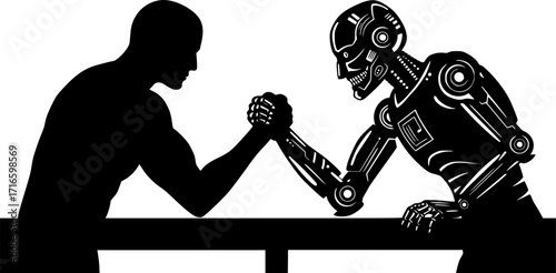 Man Versus Machine: A stark black and white depiction of a human engaging in an arm wrestling contest against a robotic opponent, symbolizing the challenges and conflicts of technology