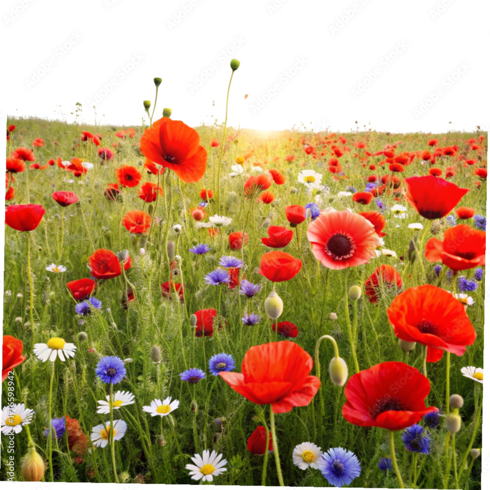 Fototapeta premium A vibrant field of red poppies and wildflowers under a bright sky