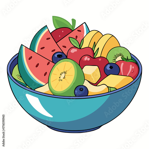Colorful Fruit Salad Bowl Illustration with Fresh Mixed Fruits - Vector Design 