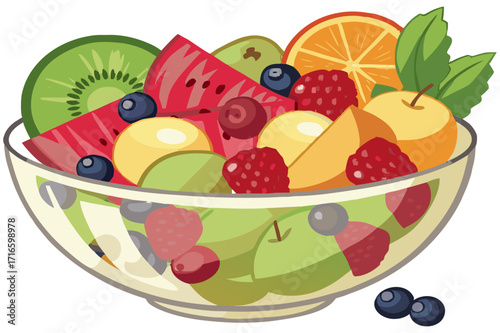Colorful Fruit Salad Bowl Illustration with Fresh Mixed Fruits - Vector Design 