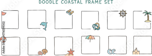 Coastal Themed Frame Vector Set, Doodle Style 