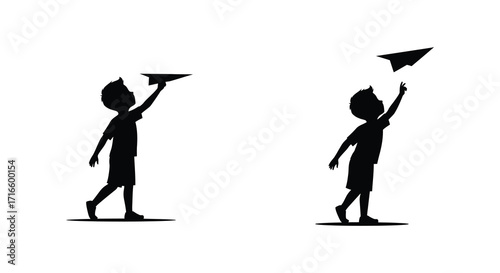 Two silhouetted boys launching paper airplanes with outstretched arms