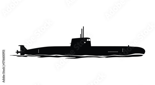 A sleek black silhouette of a submarine cruising on the water surface