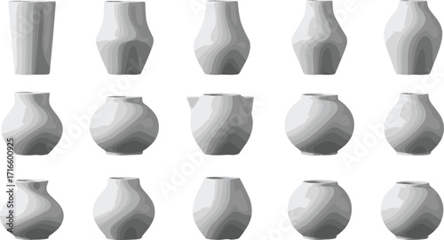 grayscale pottery grid, 3D vase forms, design evolution, artistic modeling study, contour shapes, rendering reference, ceramic silhouettes