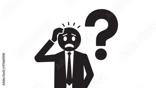 Businessman scratching head with a confused expression questioning his decisions feeling uncertainty and doubt in a modern office setting