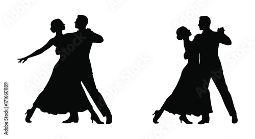 Silhouettes of two couples elegantly dancing showcasing graceful movement and form