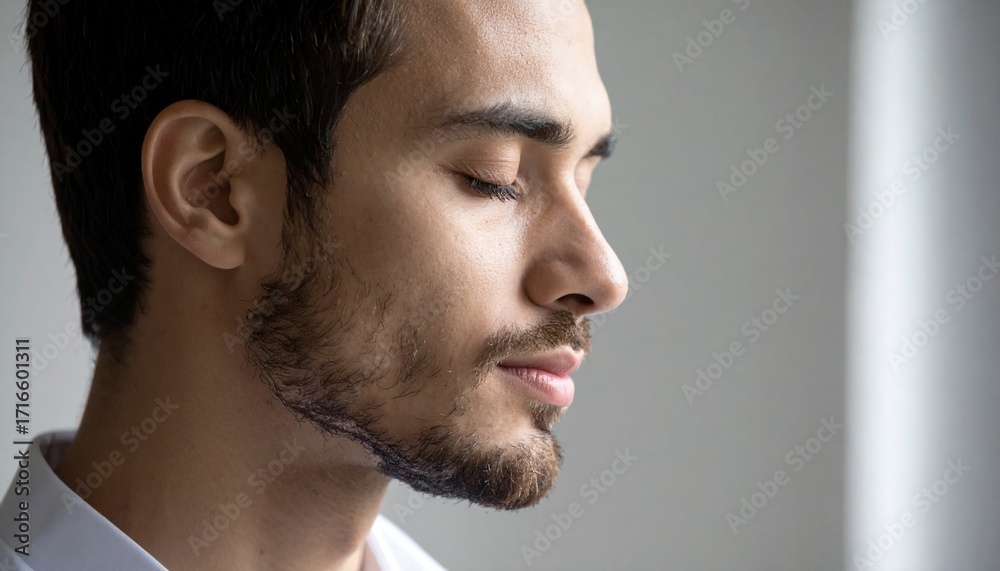 Fototapeta premium Serene Young Man Meditating Peaceful Mind Tranquility Wellness.