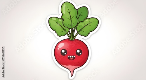 Cartoon radish with rosy cheeks, cute sticker outline