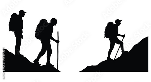 Three hikers walking in silhouette against a mountainous landscape