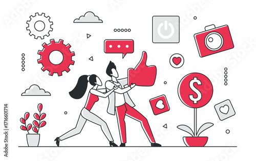 Teamwork drives social media engagement and business growth with digital icons, dollar sign, and communication elements, isolated on white background vector illustration