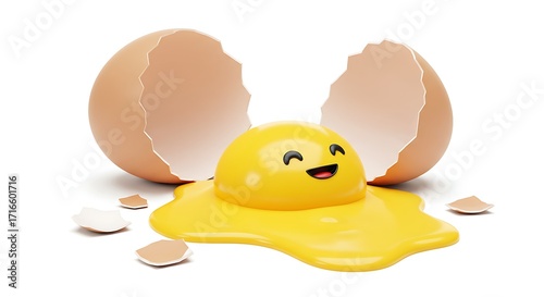 A cheerful cartoon egg yolk emerging from a cracked egg, isolated on white background