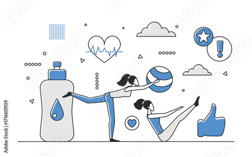 Active women performing fitness exercises with a ball, surrounded by health and wellness icons in a modern blue monocolor style, isolated on white background vector illustration