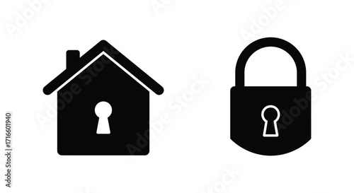 Black and white icons depicting a house and a closed padlock