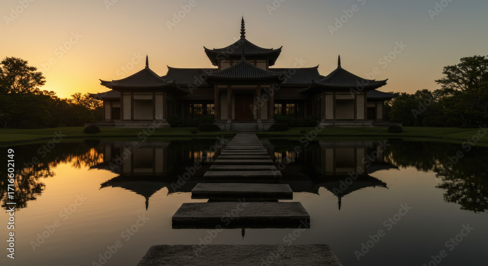 Obraz premium Traditional asian architecture in peaceful zen garden with stone pathway