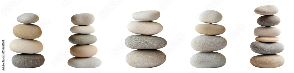Fototapeta premium Multiple stacks of smooth, rounded stones are carefully balanced on transparent background