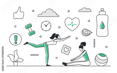 Two women performing fitness exercises surrounded by gym, health, and wellness icons in a modern green monocolor style, isolated on white background vector illustration