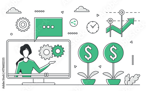 Modern green monocolor line art showing startup business growth, financial success, and online strategy with plants, graphs, and technology elements, isolated on white background vector illustration