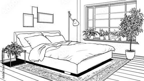 Modern Bedroom with Bed, Plant, and Window Vector Illustration
