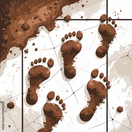 Dirty footprints on tiled floor with spilled chocolate splatter  