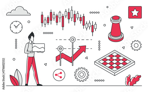 Stock market trading concept with candlestick chart, buy and sell signals, chess strategy, and business analytics elements, isolated on white background vector illustration