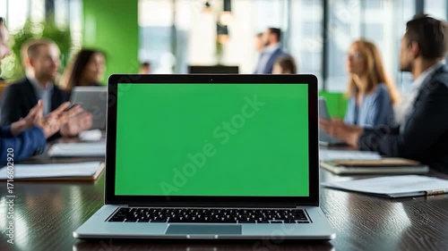Laptop display with green screen background on office desk, people attending business meeting. Isolated mockup template with blank chroma key and copy space