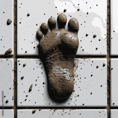 Footprint in mud on white tiled floor with scattered dirt  