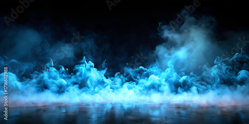 Ground blue fog background, 3d rendering. Smoke cloud scene neon light. Spooky dark magic haze. Panoramic view of the abstract fog isolated on the black