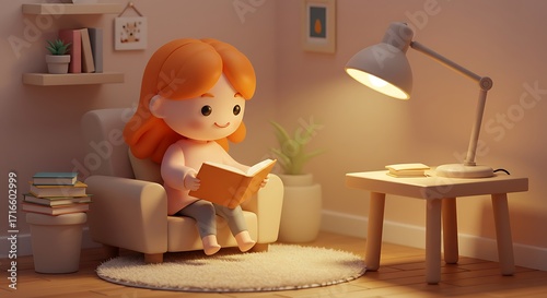 Sweet cartoon girl with orange hair reading a book in a comfy armchair, illuminated by a modern desk lamp