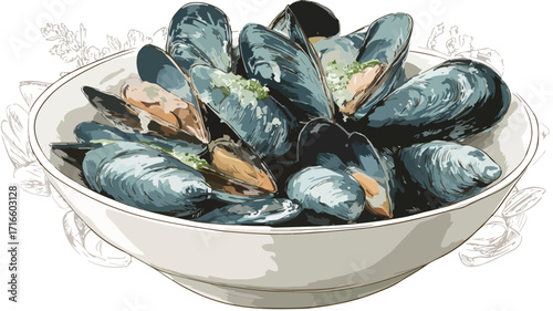 Delicious Bowl of Mussels with Artistic Mussel Drawing Vector Illustration
