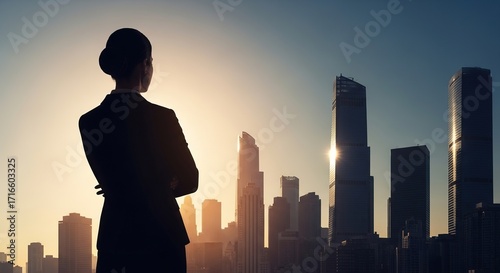 Silhouette of a Businesswoman Gazing at a City Skyline at Sunset