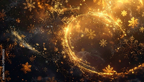 Golden snowflake particles cascade around a glowing, swirling ring against a dark, starry background, creating a festive and magical scene