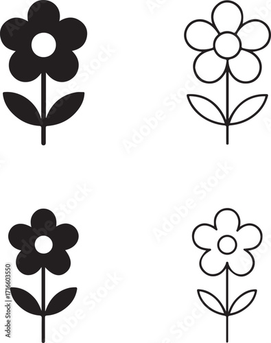 Flower icons, blossom icons, solid flower, line flower, filled flower design, thin stroke flower minimal, black vector isolated floral set