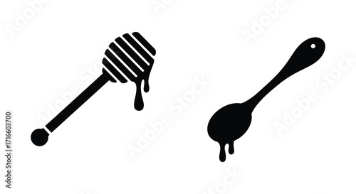 Black and white illustration of a honey dipper and a spoon