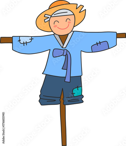 Autumn farming scarecrow design line illustration