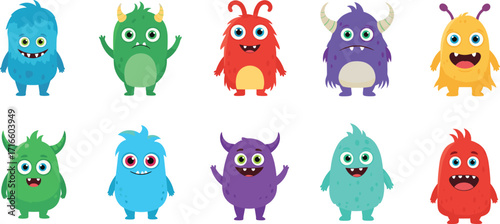 Cartoon monster characters, colorful fantasy creatures, cute alien designs, kids illustration, whimsical monsters, playful icons, vector set