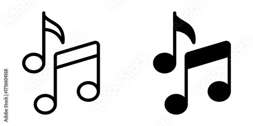 Music Note icon set. Minimalist line art illustration of two music notes, one with outline style and one with solid style. Symbol for music, sound, melody, and audio. Perfect for music-related designs