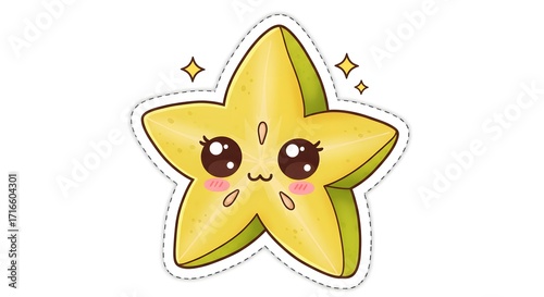 Cartoon starfruit with sparkle eyes, cute kawaii sticker
