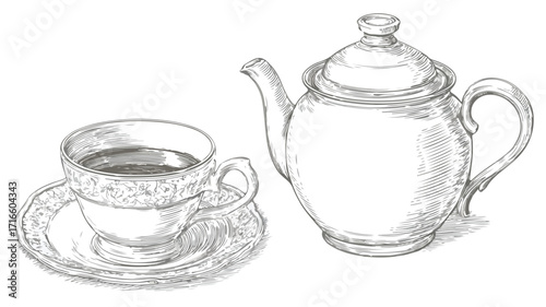 Elegant Coffee Cup and Teapot on Table Vector Illustration