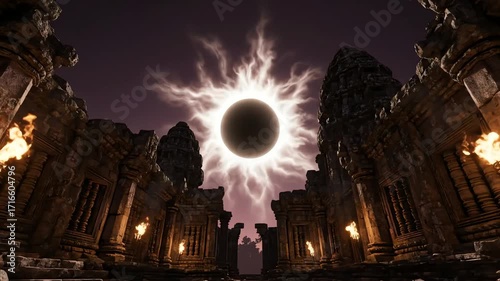 Halo effect Mystical Solar Eclipse Illuminates Ancient Temple Ruins with Glowing Corona and Flickering Torches