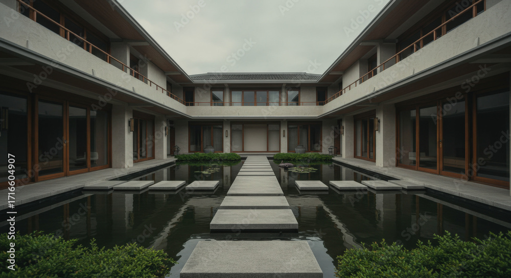 Fototapeta premium Peaceful modern asian houses reflected on water with stepping stone bridge in serene garden
